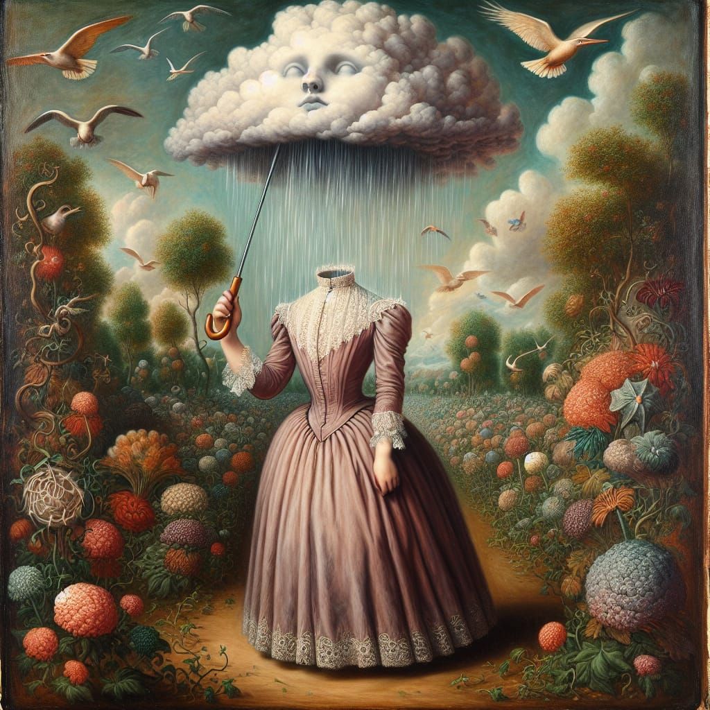 Surreal Headless Child Rains in Oil Painting