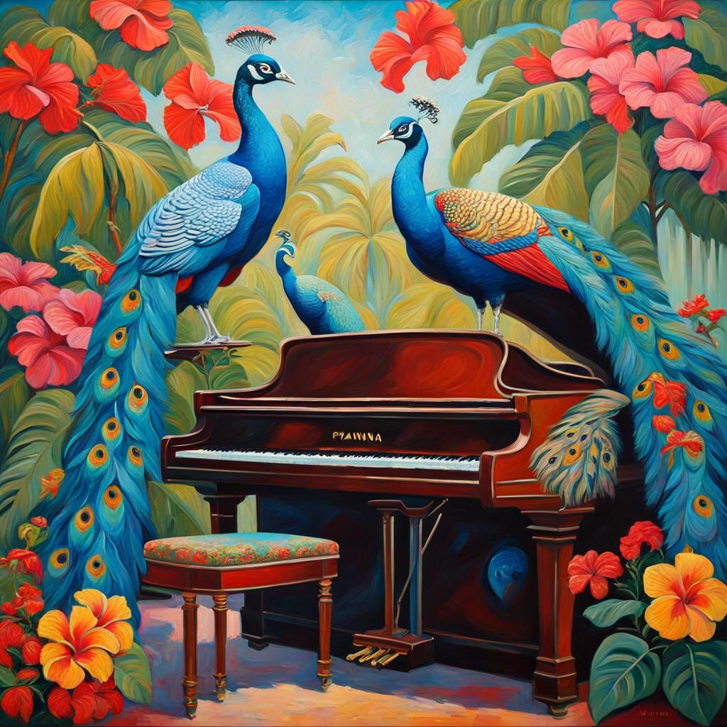 Peacocks and Piano in Expressionist Oil Painting