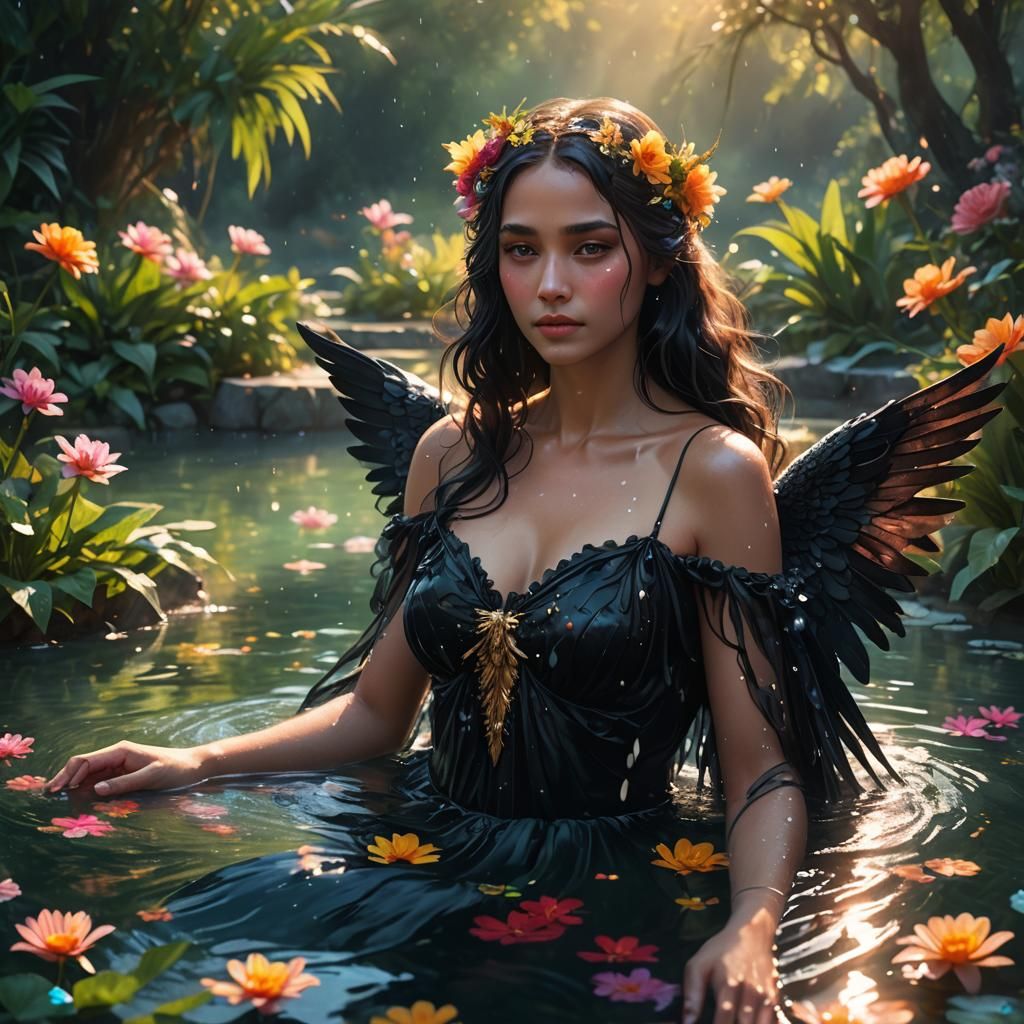 Serene Angel Bathing in a Lush Pool