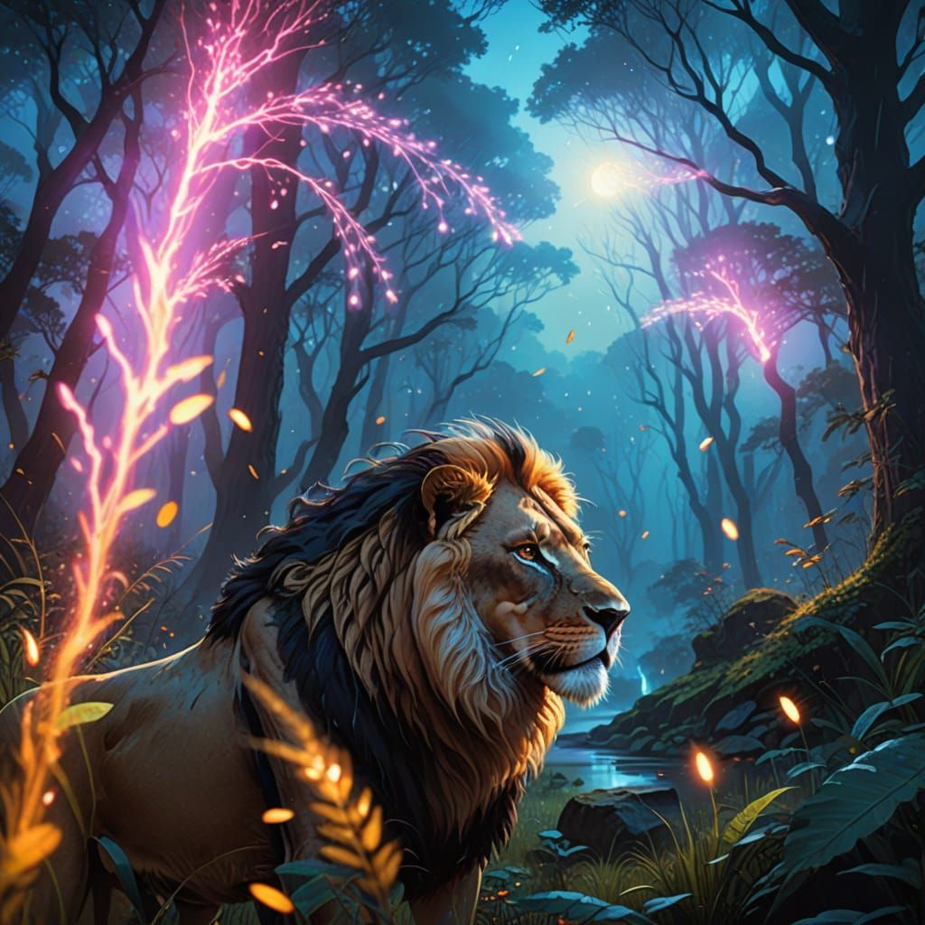 Majestic Lion in Enchanted Forest