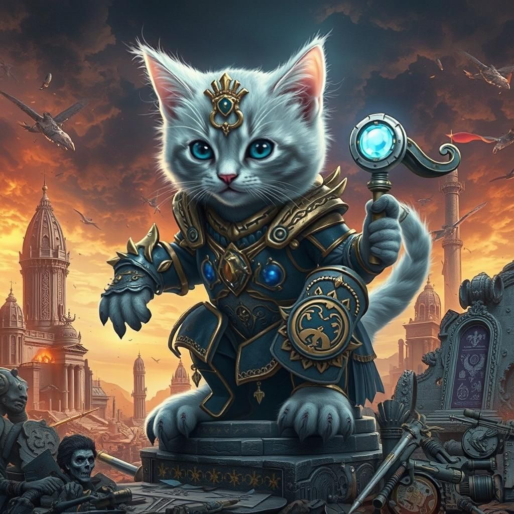 Kitten in Golden Warhammer-Inspired Battle Armor