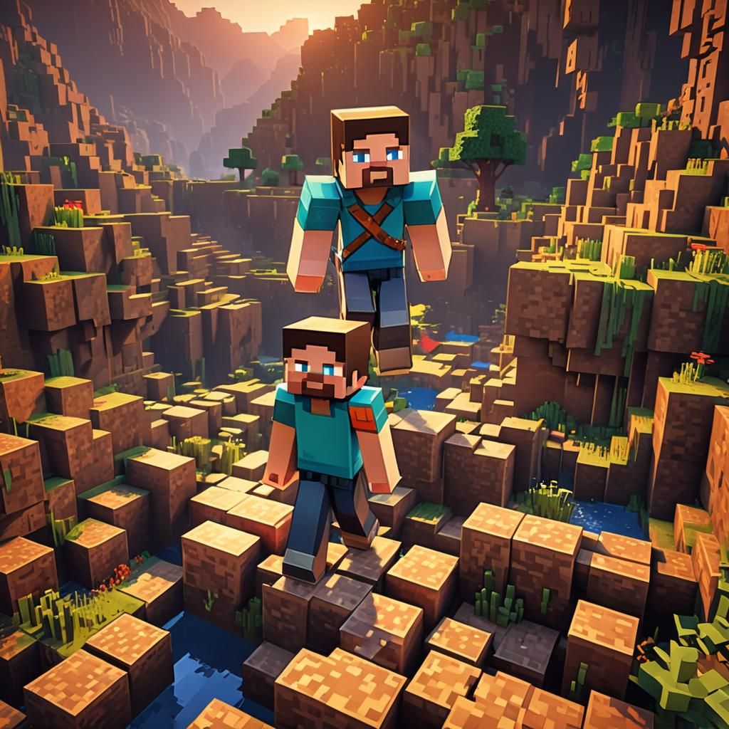 Minecraft Steve Heroic Stance in Blocky Sunset