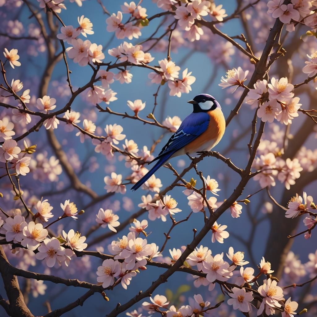 Bird on Blossom Branch in Fauvist Style