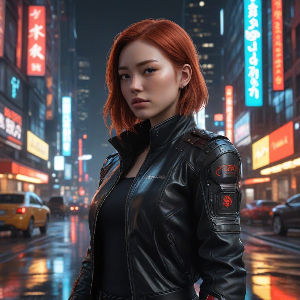 Futuristic Cyberpunk Woman in Dark Armored Jacket Poses in N...