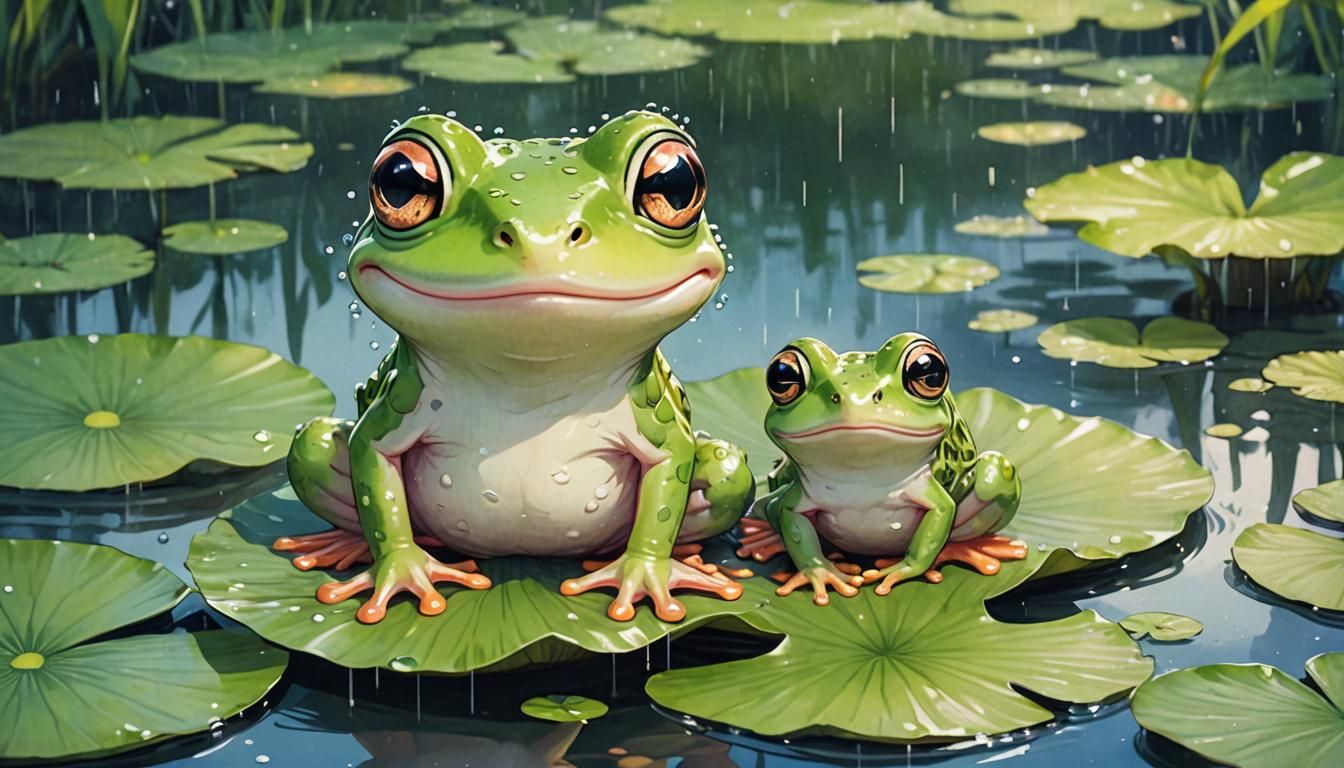 Anime Frog on Lily Pad in Watercolor Style