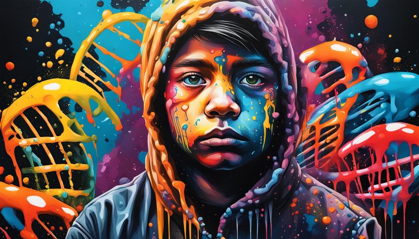 DNA Strand Teenager in Graffiti Splash Art Style