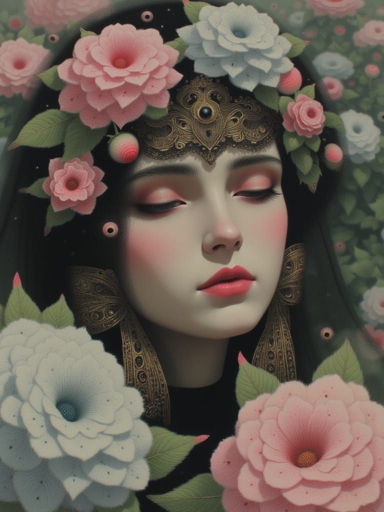 shrouded in gauze, ultra close-up, 2/3 angle portrait of a woman's face with a thoughtful expression and half-closed eye...