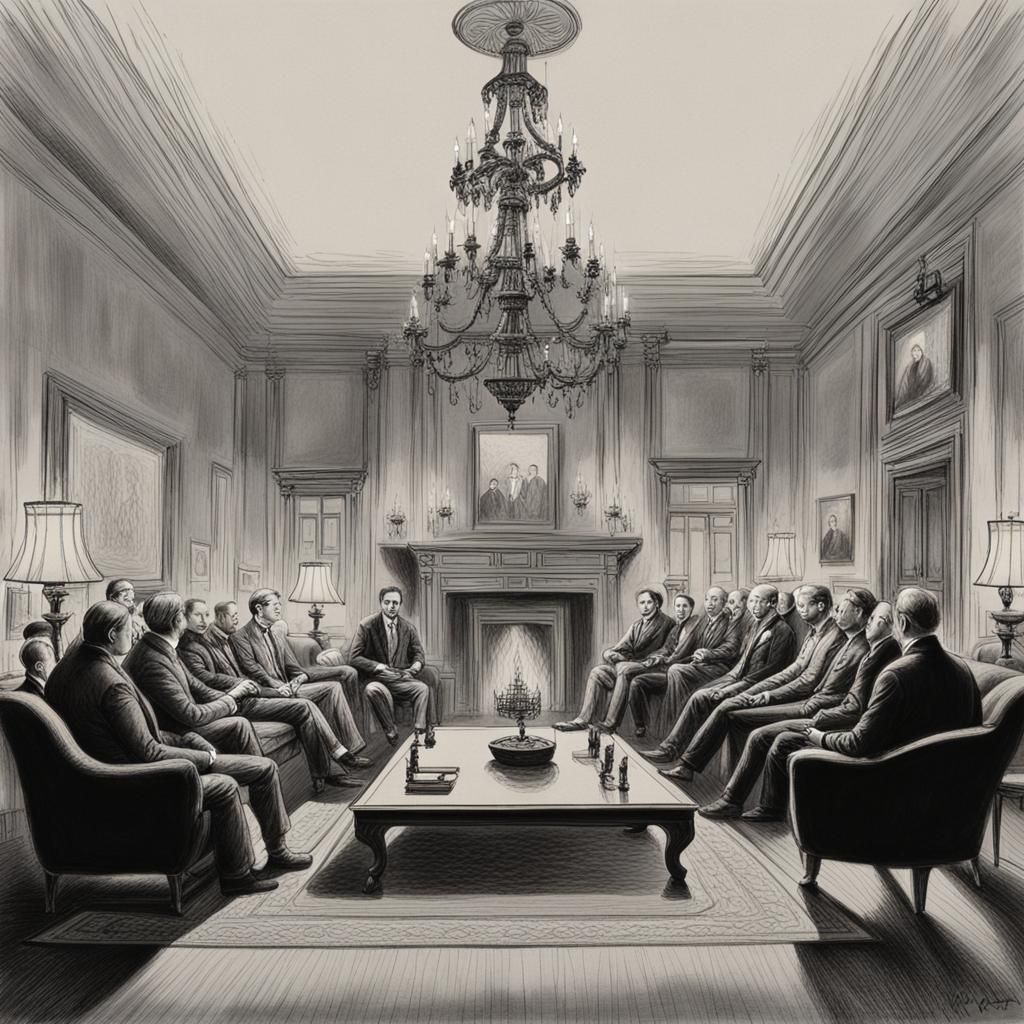 Group Discussion in Communal Hall, Charcoal Drawing