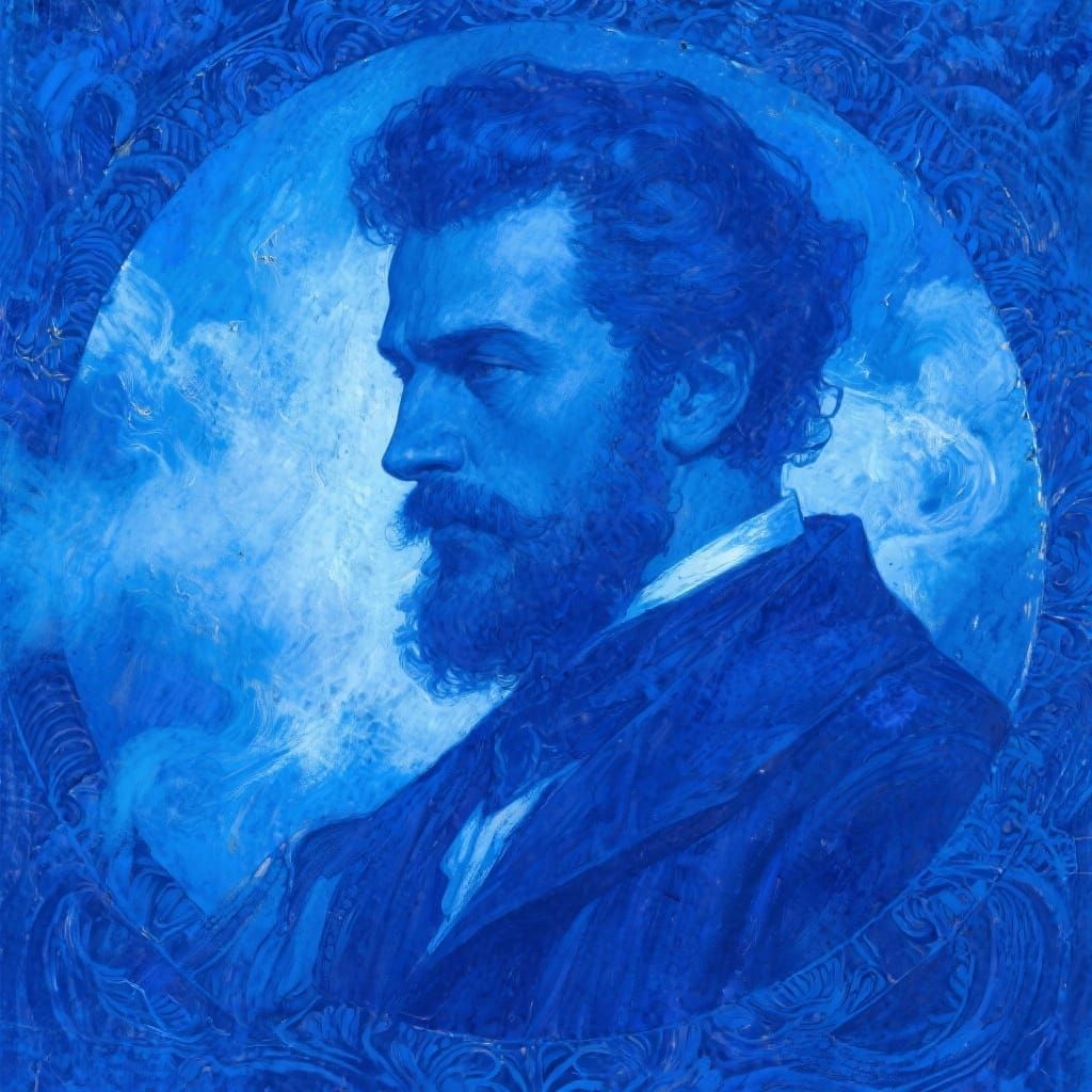 Bold Man Portrait in Deep Blue Bromoil Style