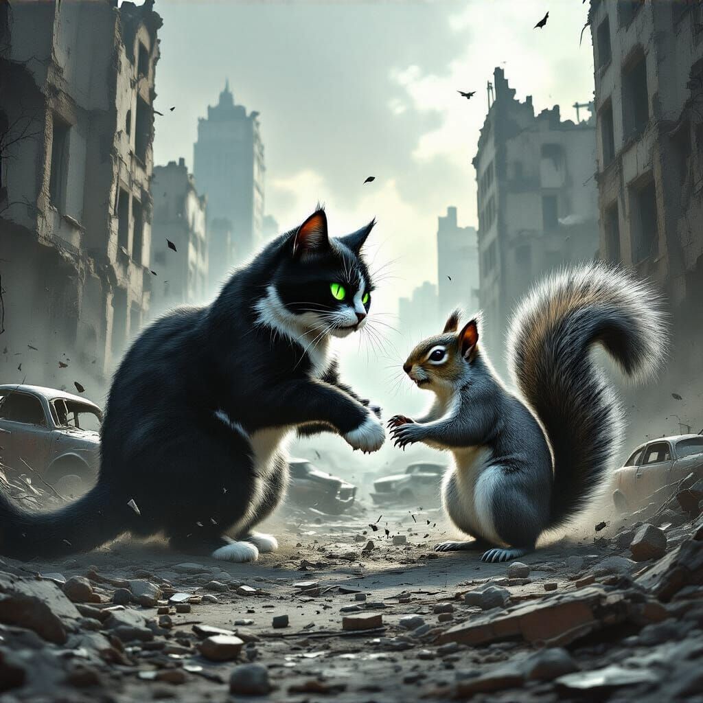 Giant Cat vs Squirrel in Urban Destruction Scene