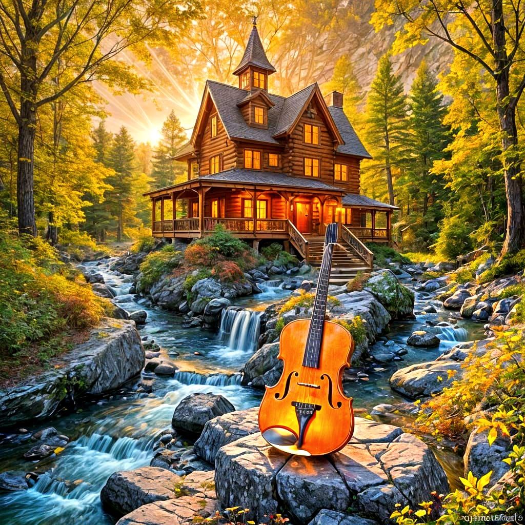 Surreal Glowing Guitar Merges With Magical Autumn Landscape