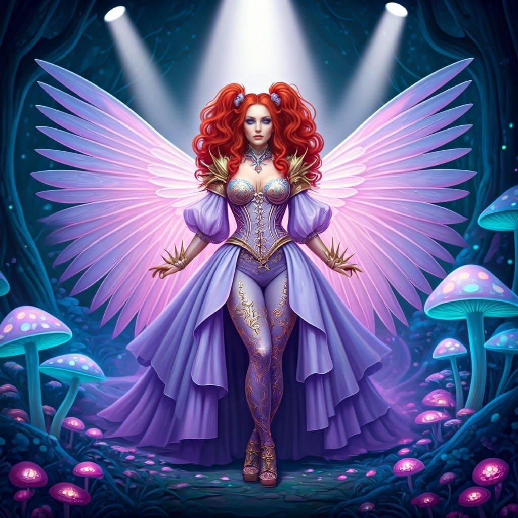 Elegant Sorceress Radiates Power Under Moonlit Forest