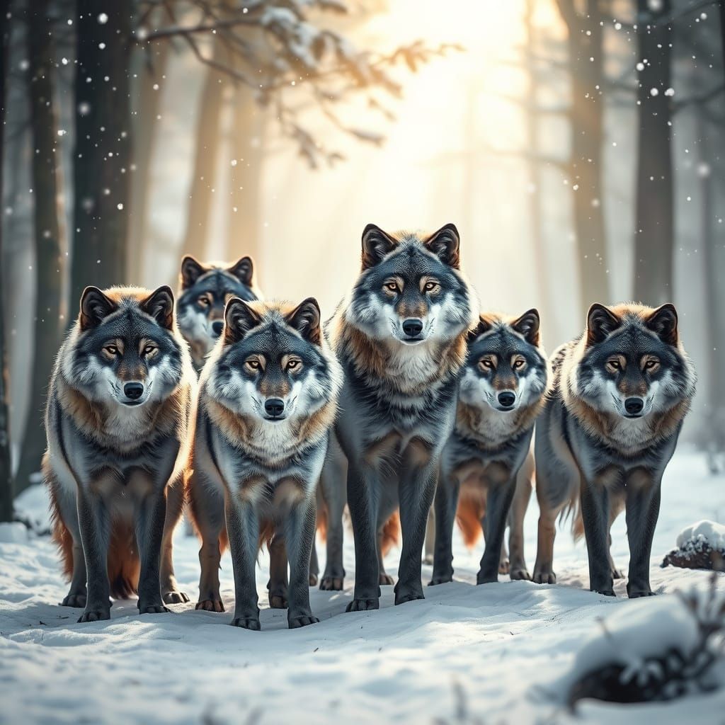 Hyperrealistic Grey Wolves in Snowy Forest Clearing