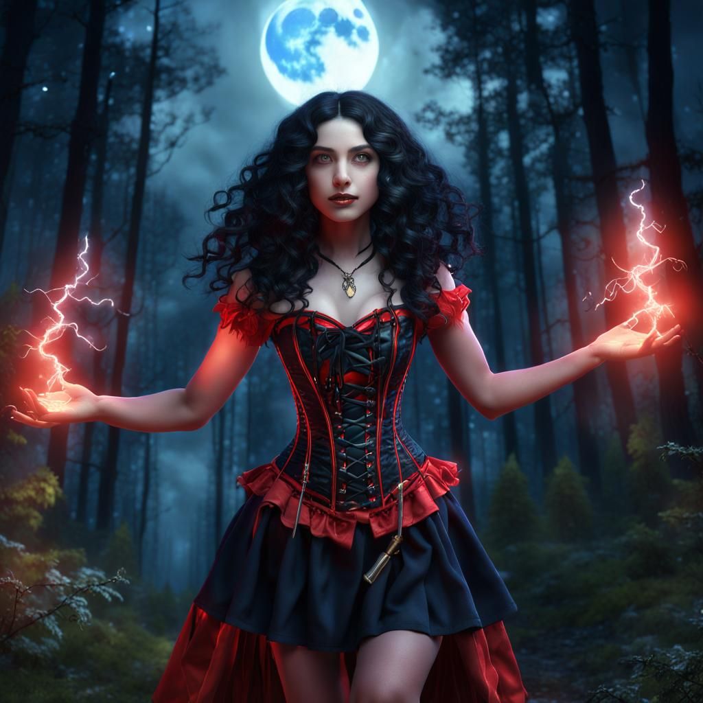 Sorceress Casting Spells in Forest, Detailed Digital Paintin...