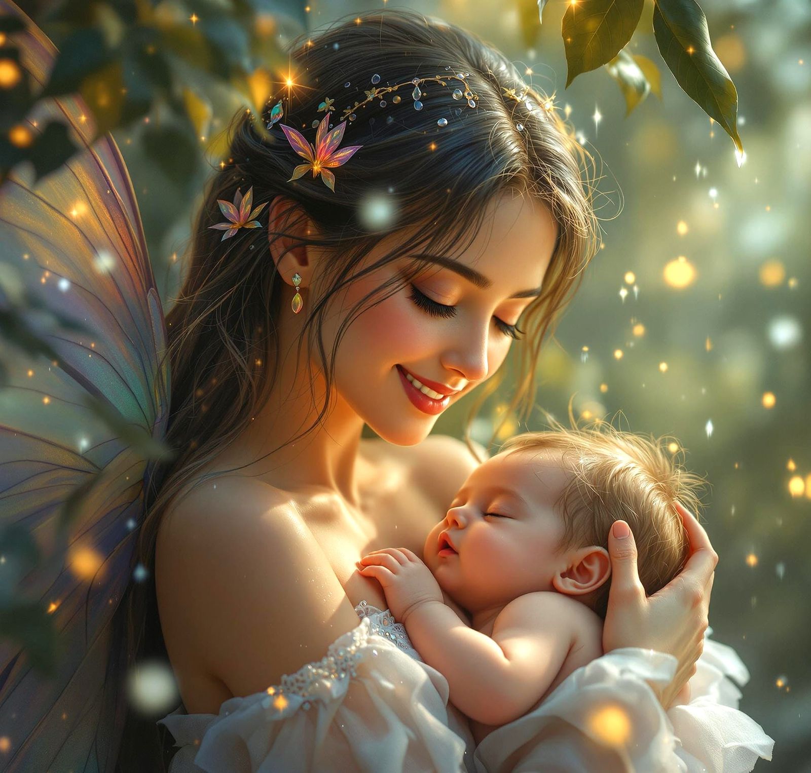 Enchanted Fairy Mother and Child in Radiant Morning Light