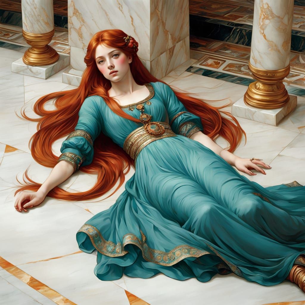 Ethereal Woman Lies on Marble in Vibrant Colors