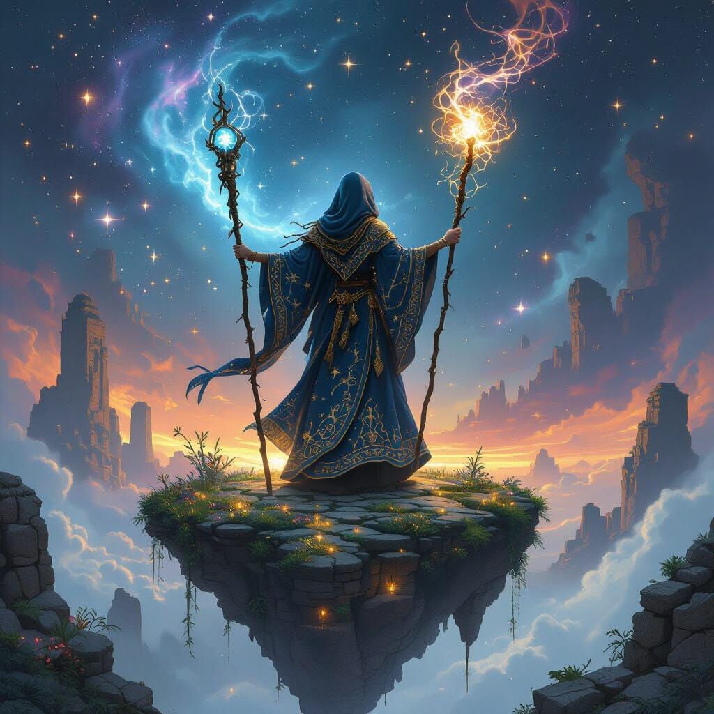 Arcane Sorceress on Floating Island Amidst Nebula