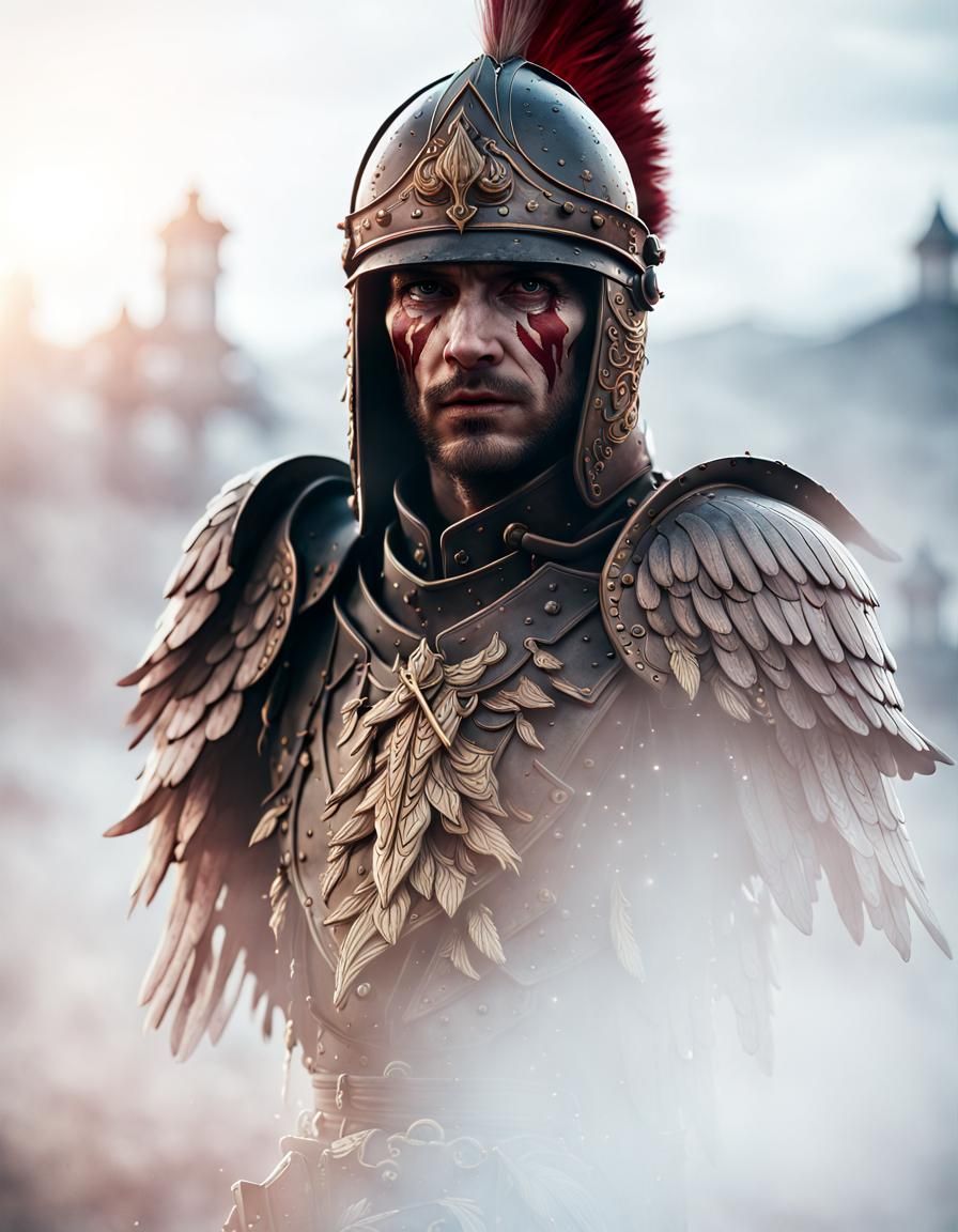 Winged Hussar Portrait at Sunrise in Detailed Matte Painting