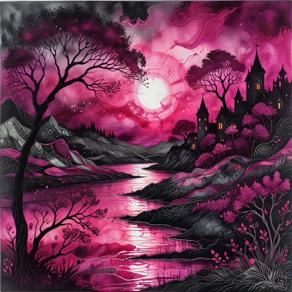 Ethereal Medieval Landscape with Abstract Design