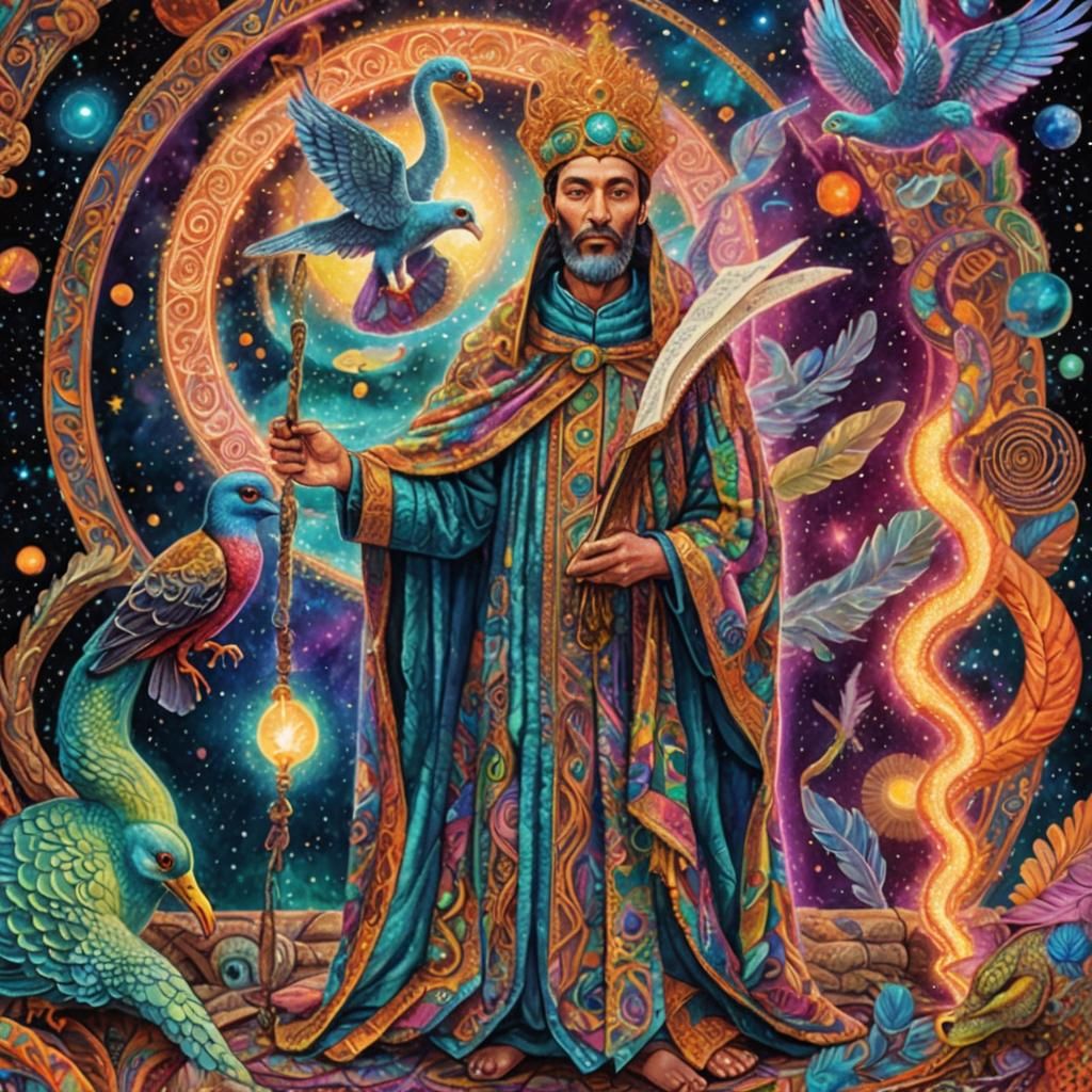 Cosmic Shaman Feeding Snake in Mixed Media Illustration