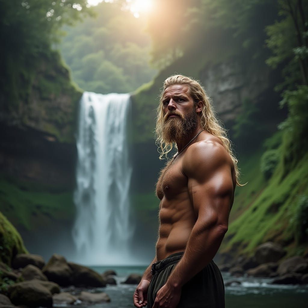 Strong Man Beside Majestic Waterfall in Forest Landscape