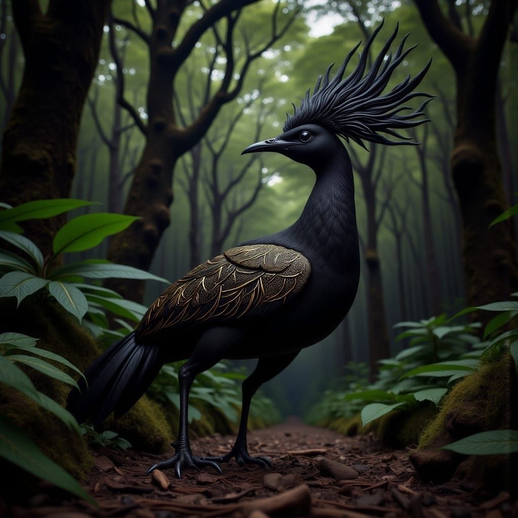 Lyrebird with Golden Accents in Mystical Forest