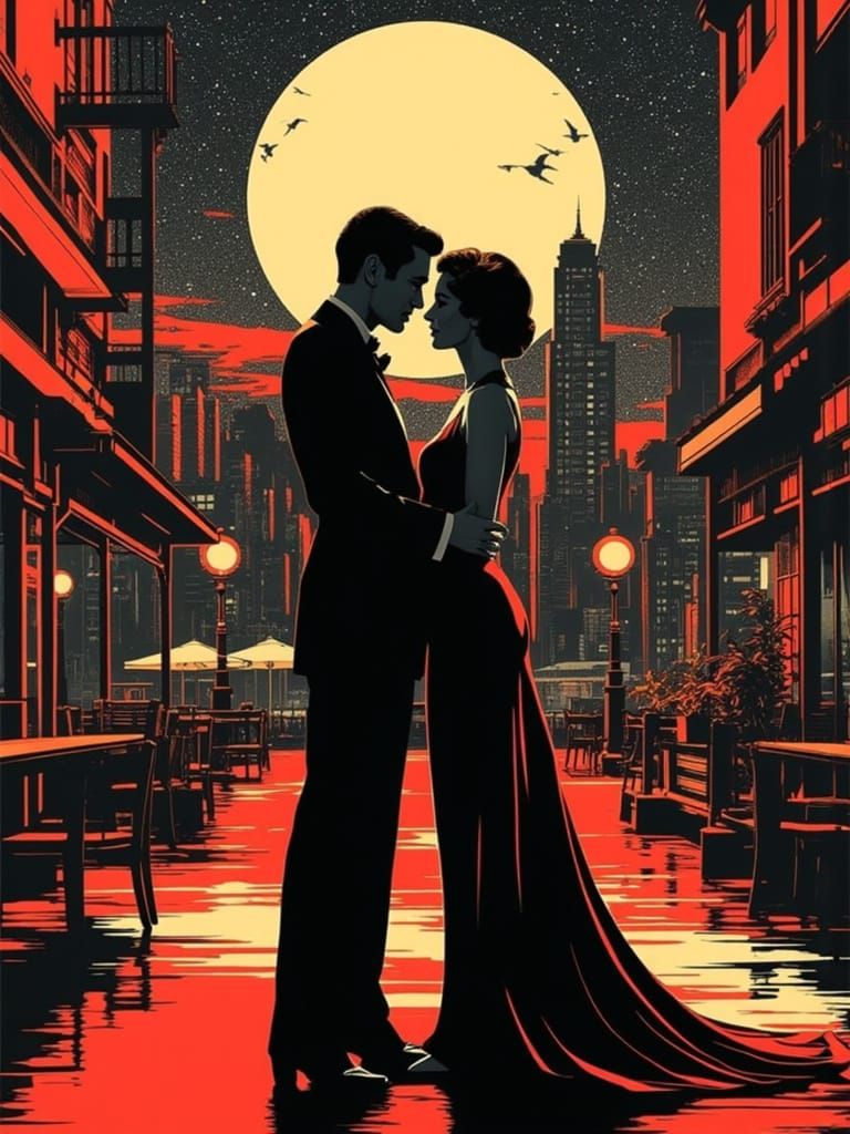 Couple Embrace Under Moon in Retro-Futuristic Cityscape