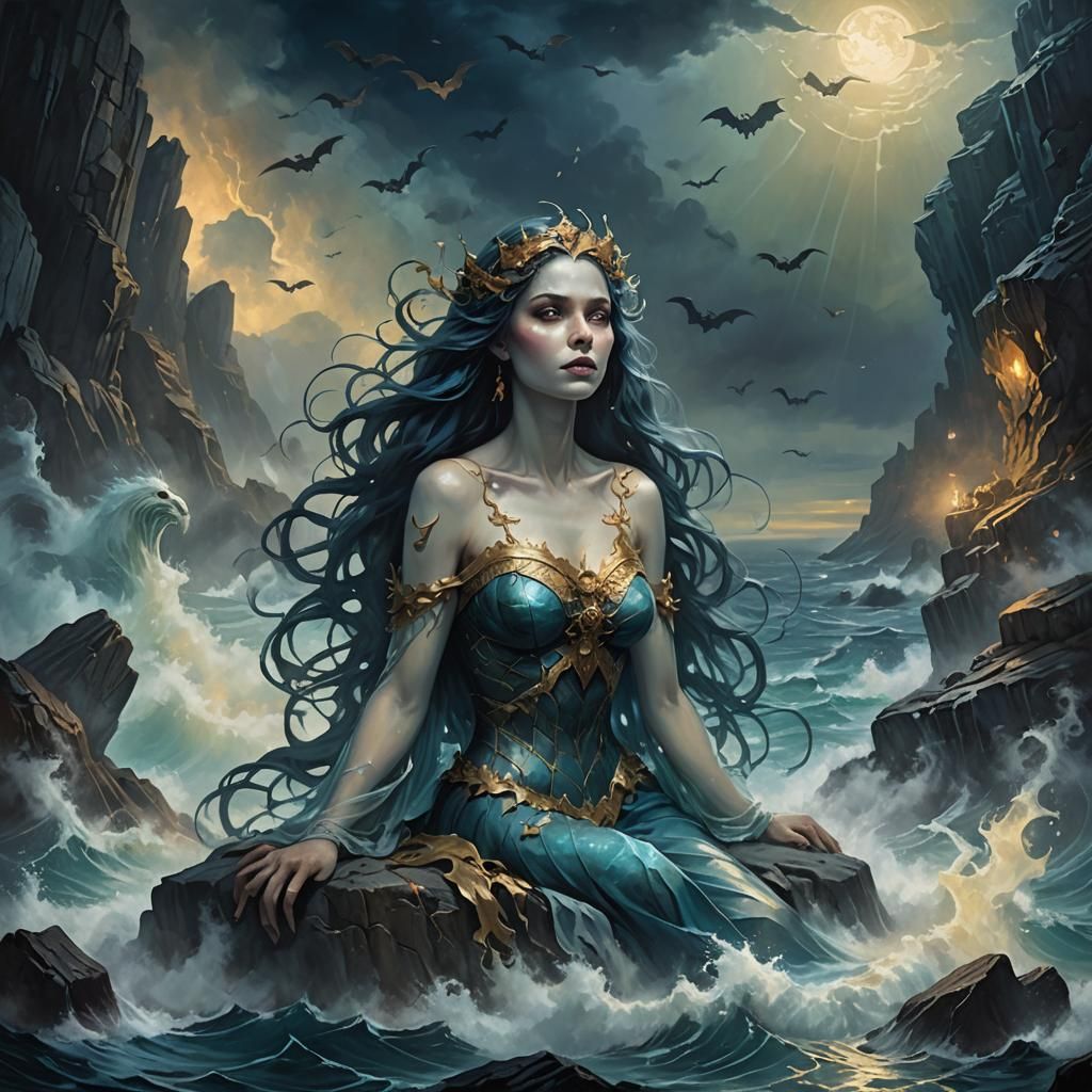 Haunted Siren Surrounded by Ghosts, Oil Painting