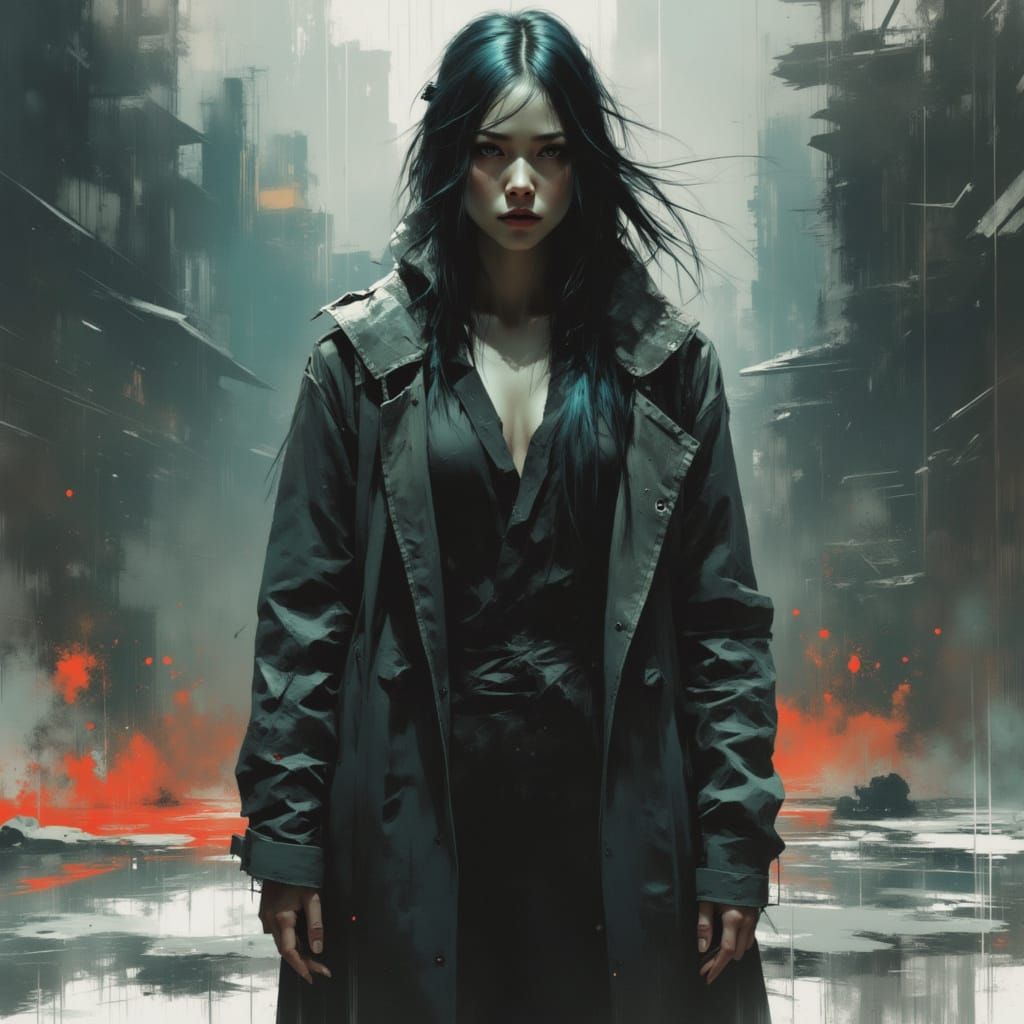 Dystopian Woman in Ruined Cityscape, Cinematic Style
