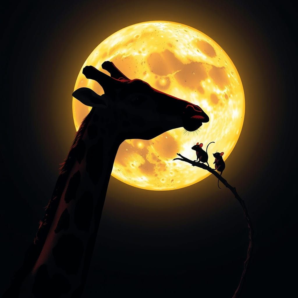 Giraffe Under Ethereal Moonlight in Vibrant, Whimsical Night...