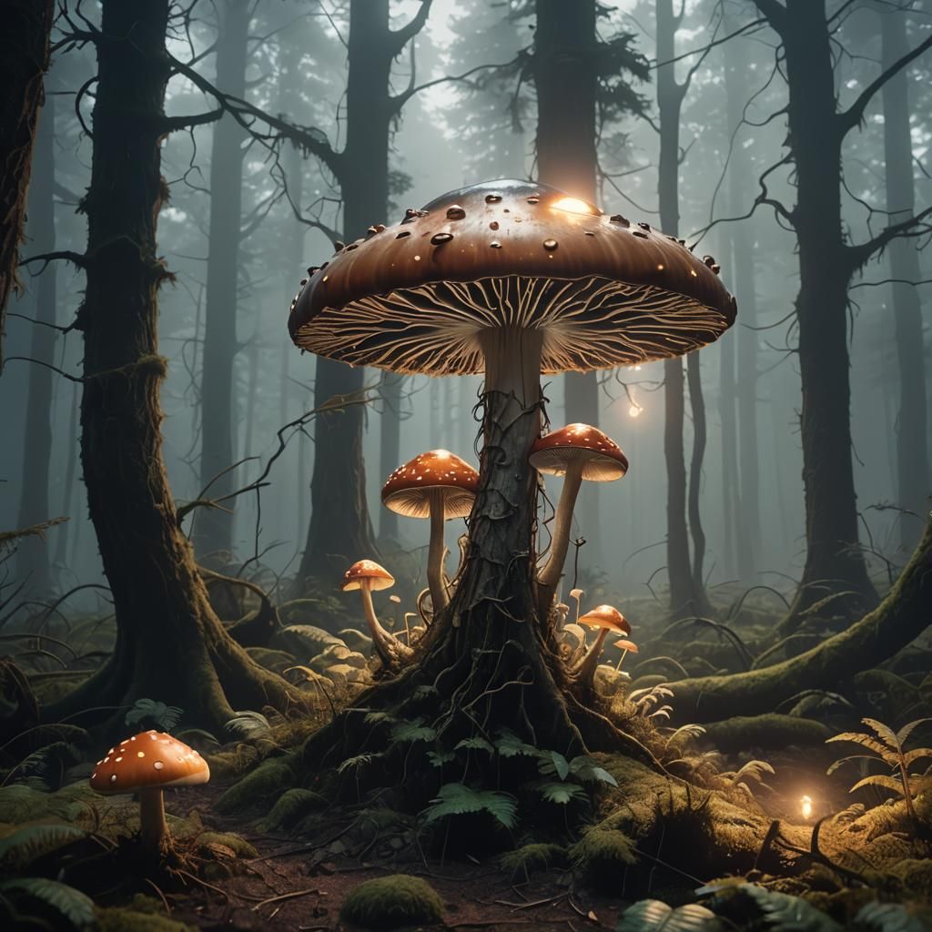 Eerie Glowing Mushroom in Haunted Forest