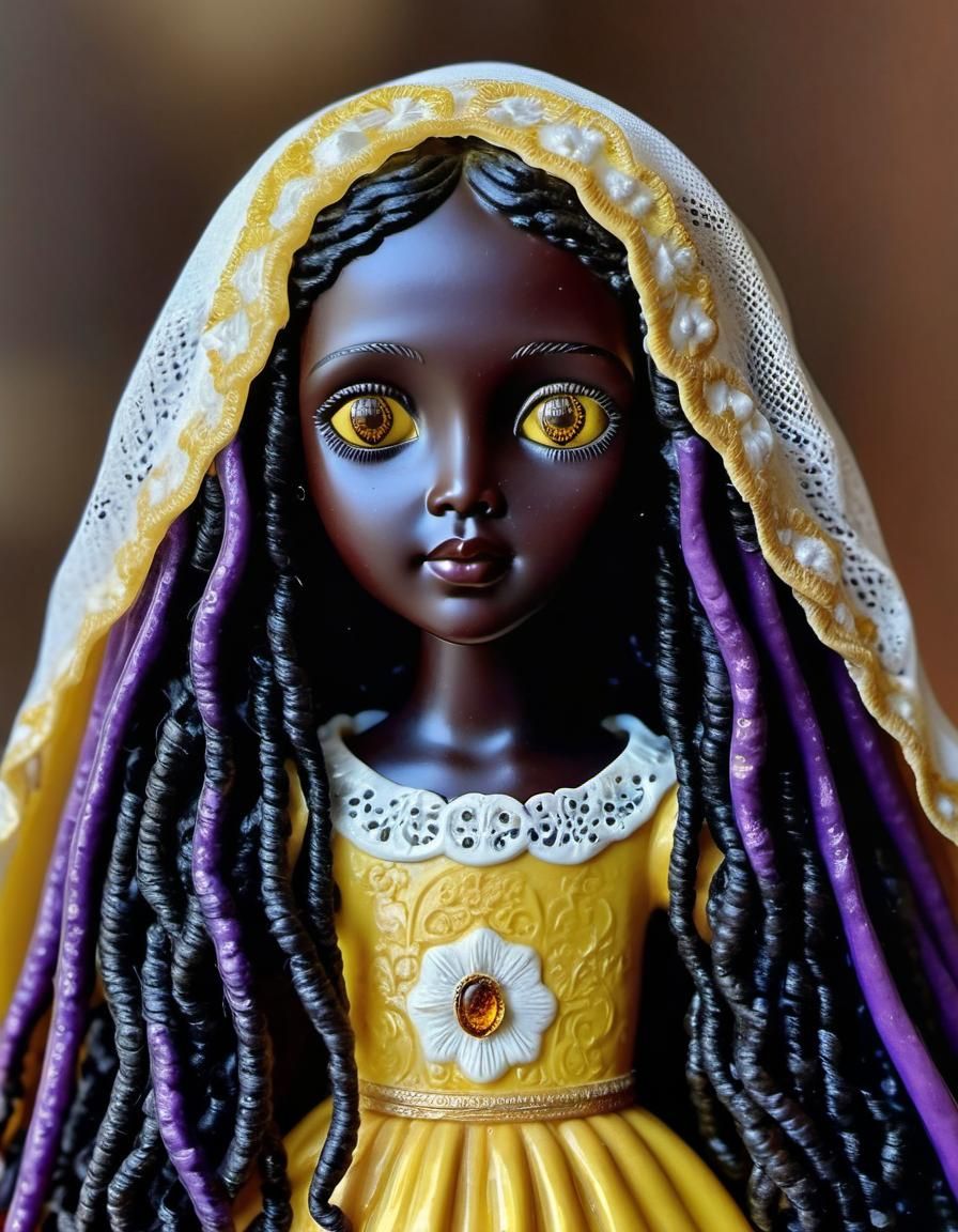 Black Madonna with Amber Eyes in Brocade Dress