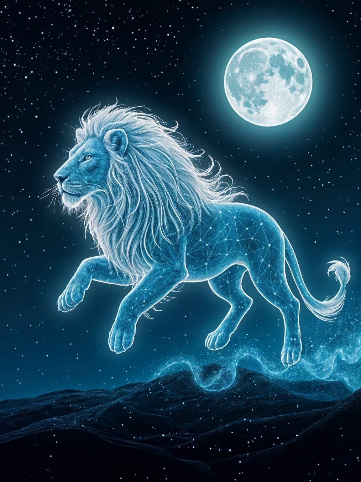 Ethereal Lion Galloping Through Starry Sky