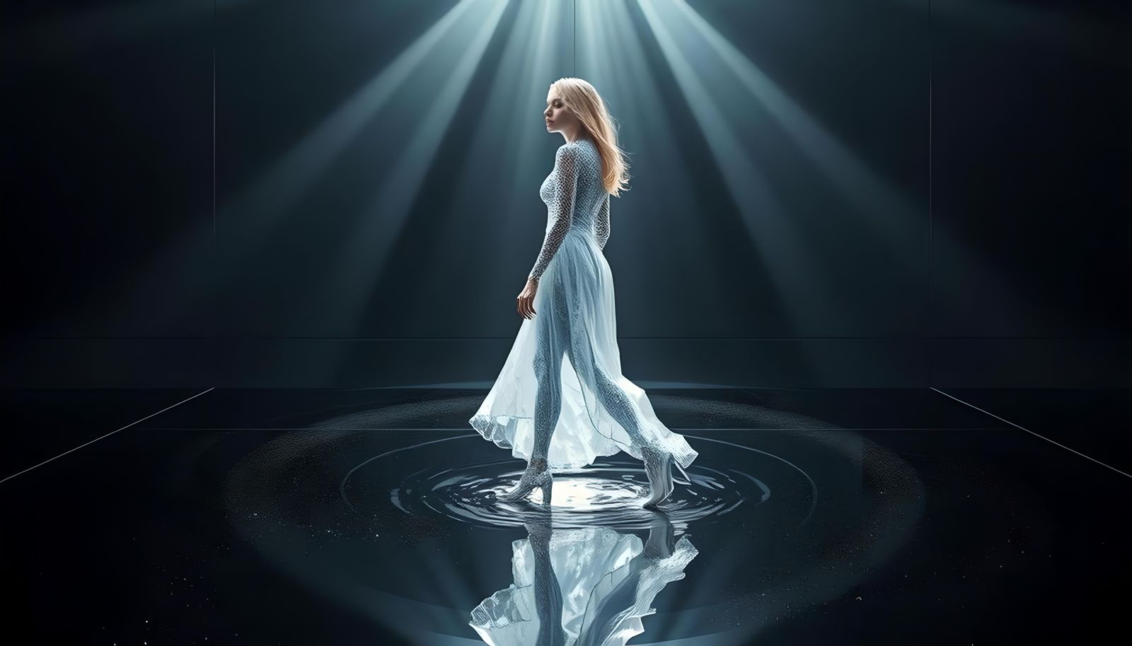 Liquid Water Woman in Mirrored Room