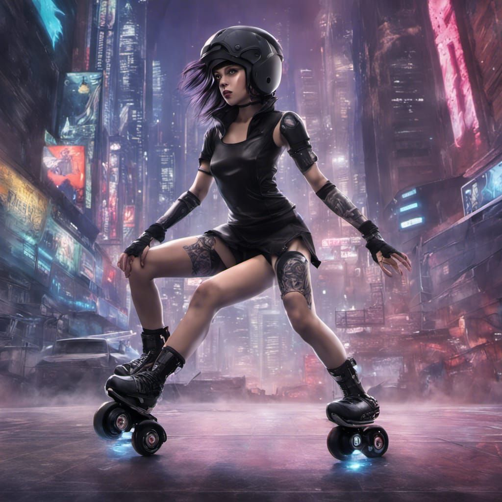 Cyberpunk Anime Girl on Roller Blades in Cityscape