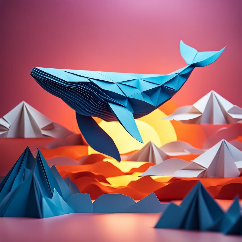 Origami Whale in Abstract Sunset Sky