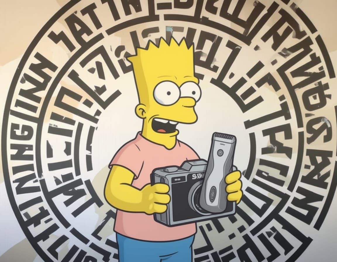 Bart Simpson Holding Hair Clippers in Calligraphy Art