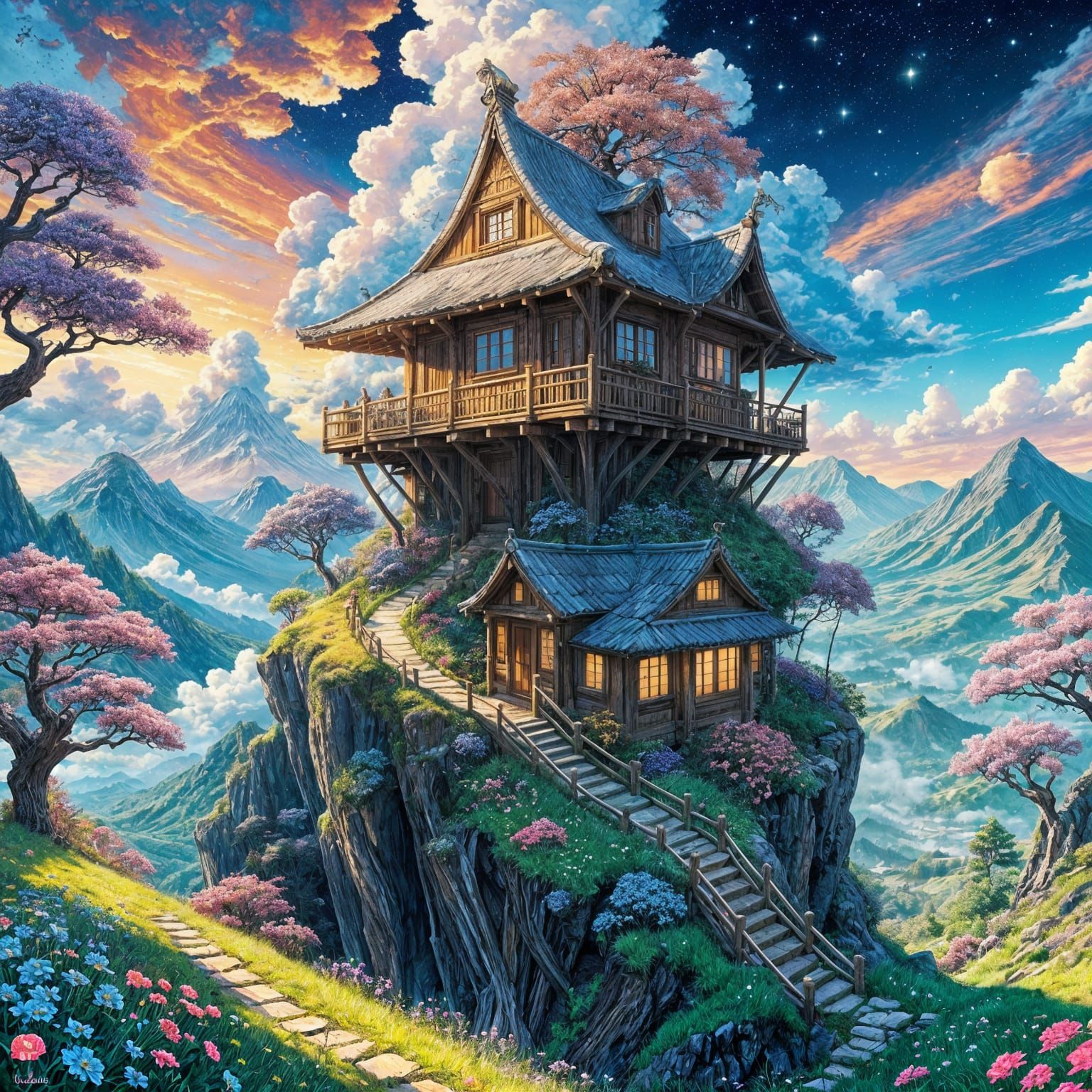 Whimsical Fantasy Landscape with Hut and Treehouse at Sunset