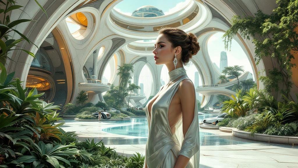 Utopian Future with Serene Woman in Frutiger Aero Style