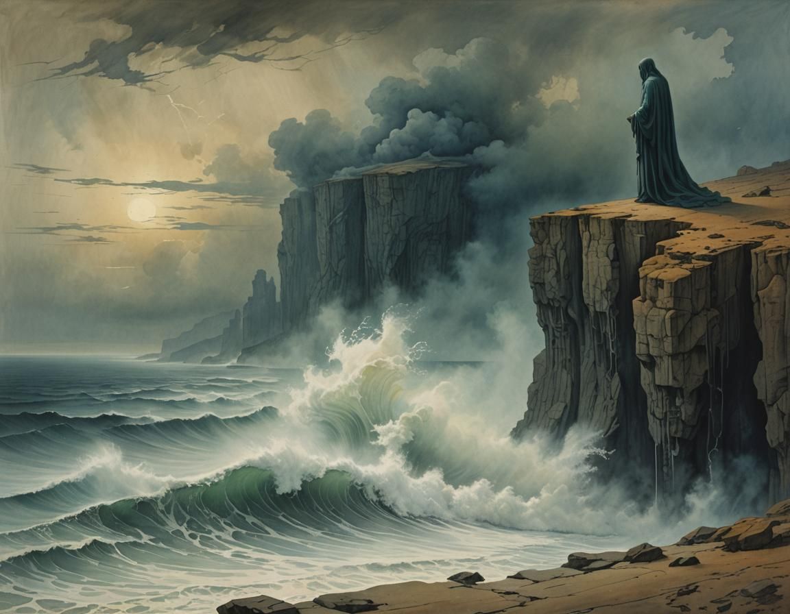 Ghostly Figure Hovers Above Seaside Cliff in Surrealism