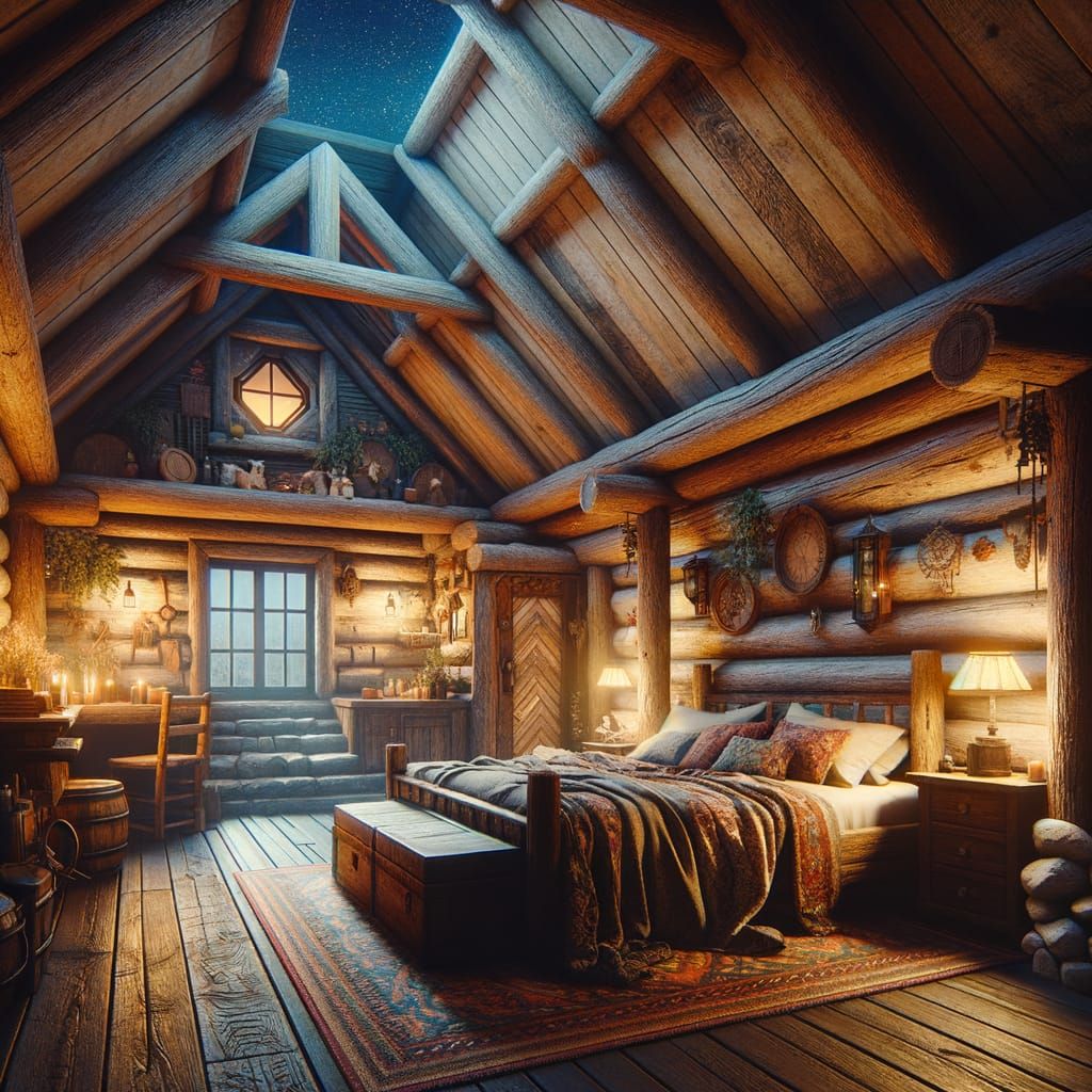 Cozy Rustic Cabin Bedroom at Night as Matte Painting