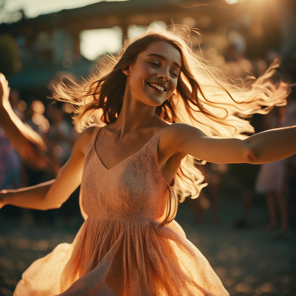 Girl Dancing in Summer Dress: Cinematic Film Still