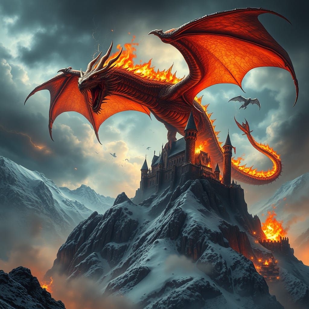 Dragon Attacking Medieval Kingdom on Snow-Capped Mountain in...