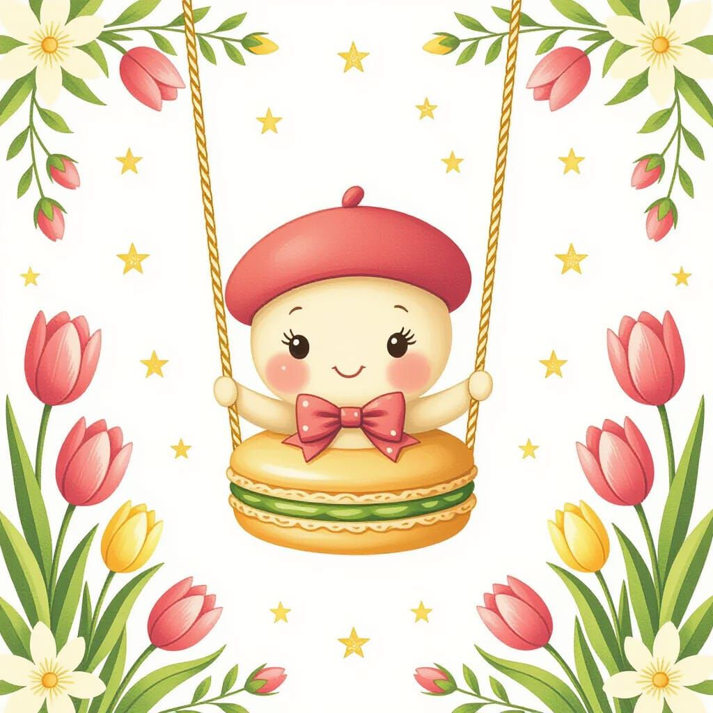 Macaron on Sugar Swing in Whimsical Pastel Illustration