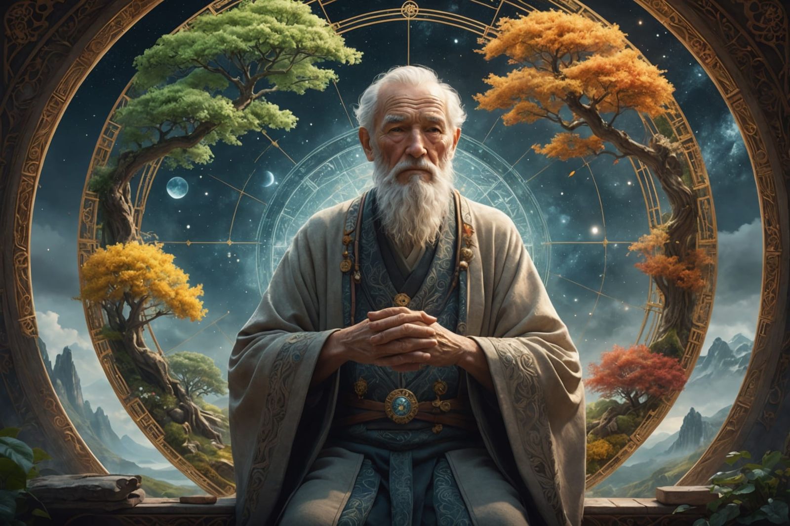 Wise Old Man Embodies The Four Seasons