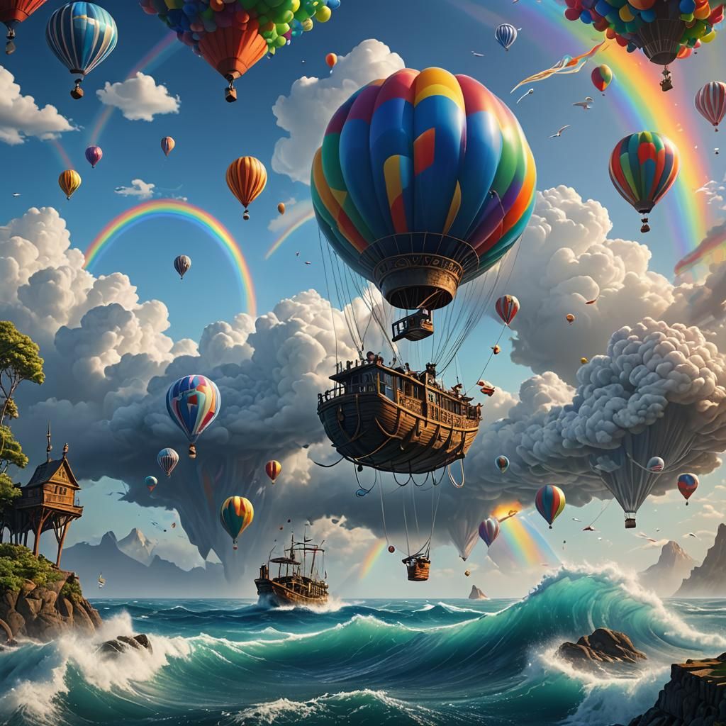 Skip Boat with Balloon Cage Flying in Sky