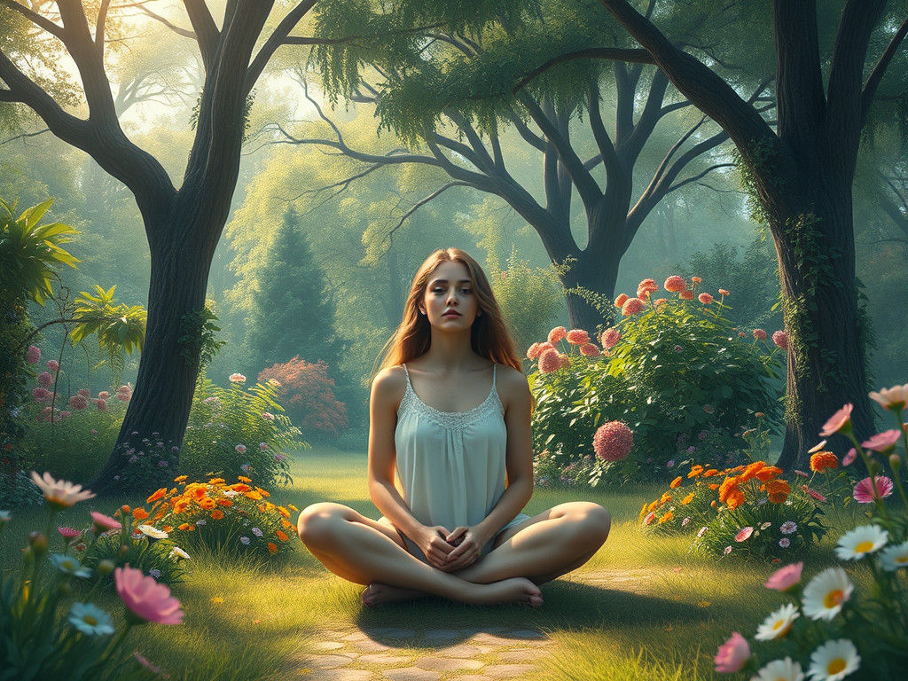 Tranquil Woman in Lush Garden, Dreamlike Painting