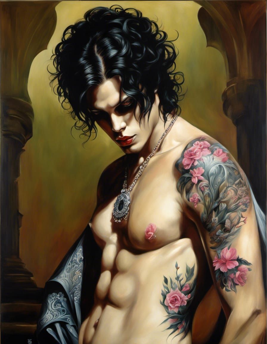 Gothic Emo Man with Tattoos in Acrylic Style