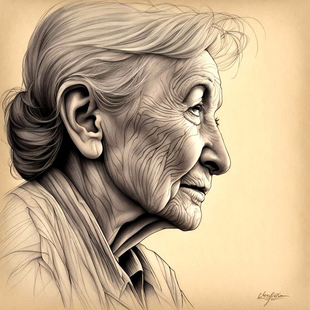 Elderly Woman's Wisdom Captured in Pencil Sketch