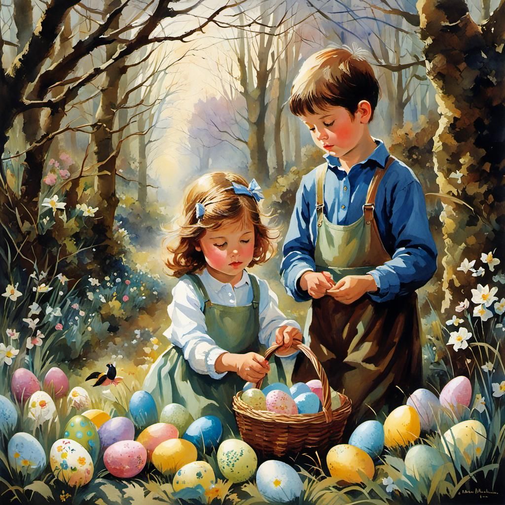 Brother and Sister Easter Egg Hunt, Watercolor Art